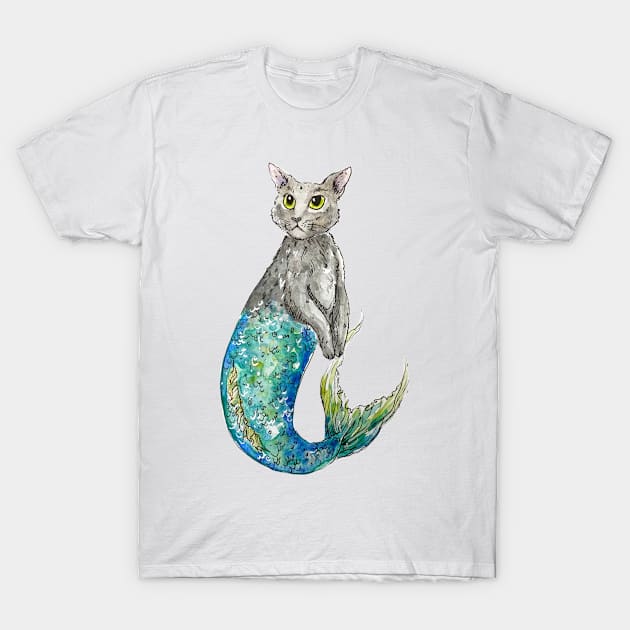 Grey Mermaid Cat T-Shirt by aquabun